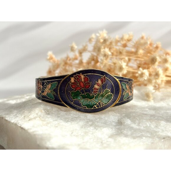 Cloisonne Enamel Floral Gold Toned Chunky Vintage Hinged Bracelet | Bangle - Picture 8 of 16
